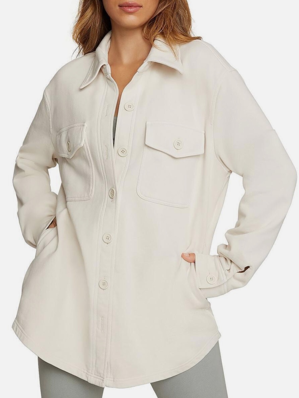 Good American Fleece Lined Shacket Button Front Collared Shirt Jacket Cream 1/2